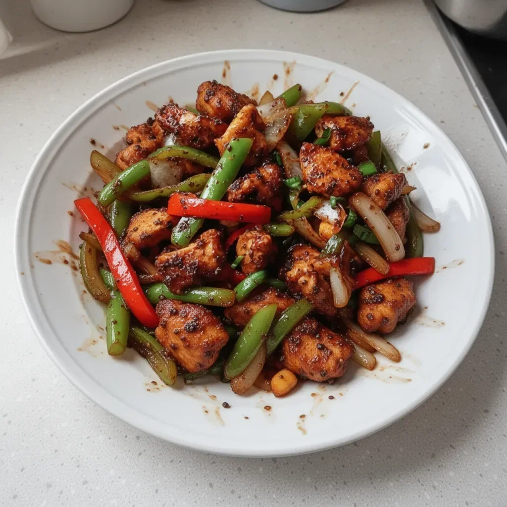 Delicious Black Pepper Chicken Stir-Fry served in a bowl with colorful vegetables.