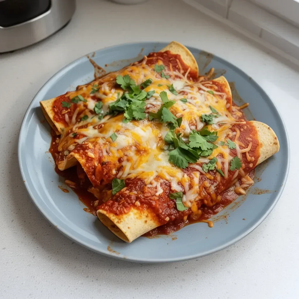 Cheesy rotisserie chicken enchiladas garnished with cilantro on a plate