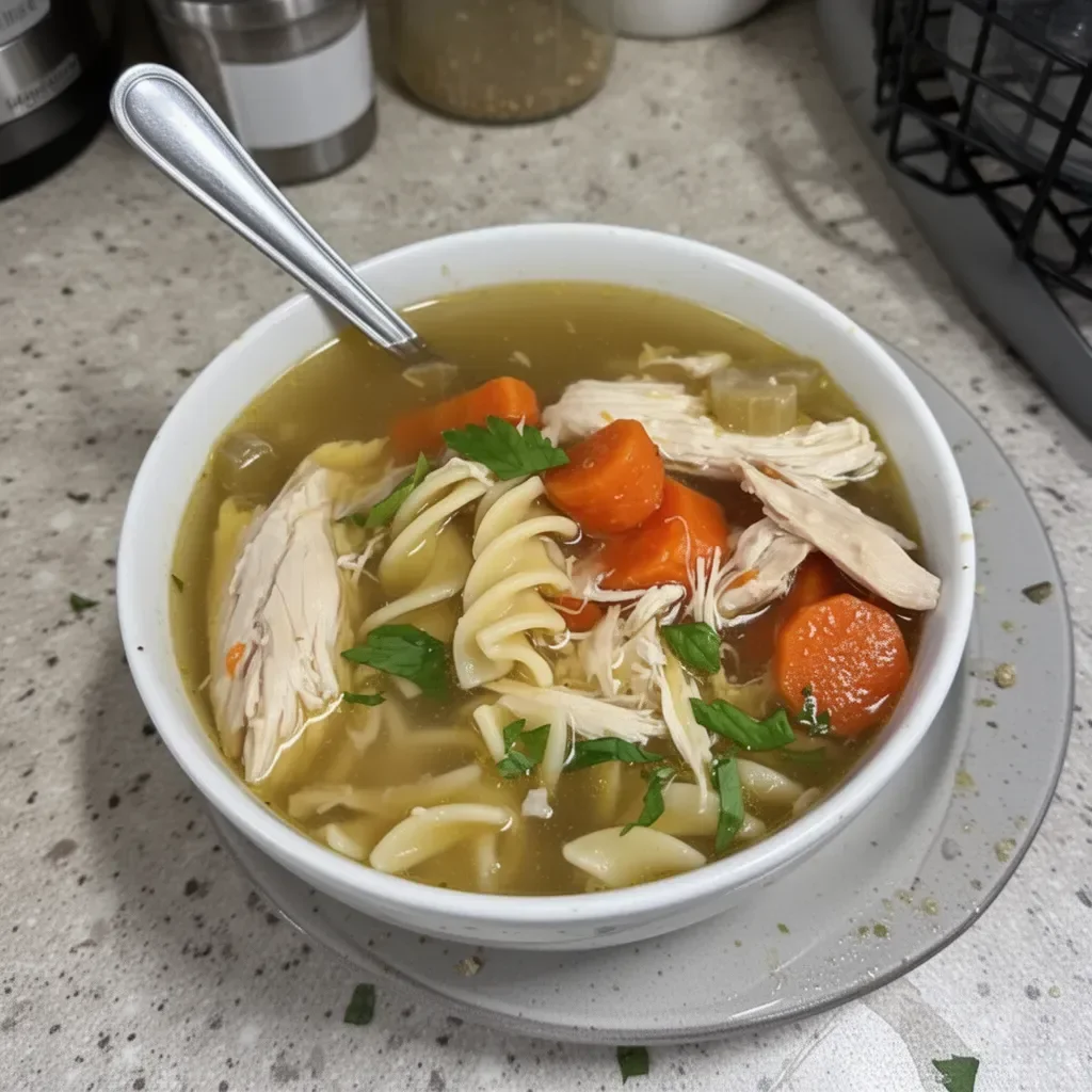 Bowl of Chick-fil-A Chicken Noodle Soup with fresh ingredients