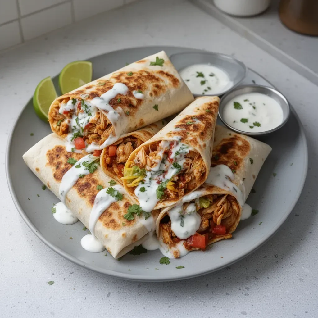 Delicious homemade chicken burrito ready to serve with fresh ingredients