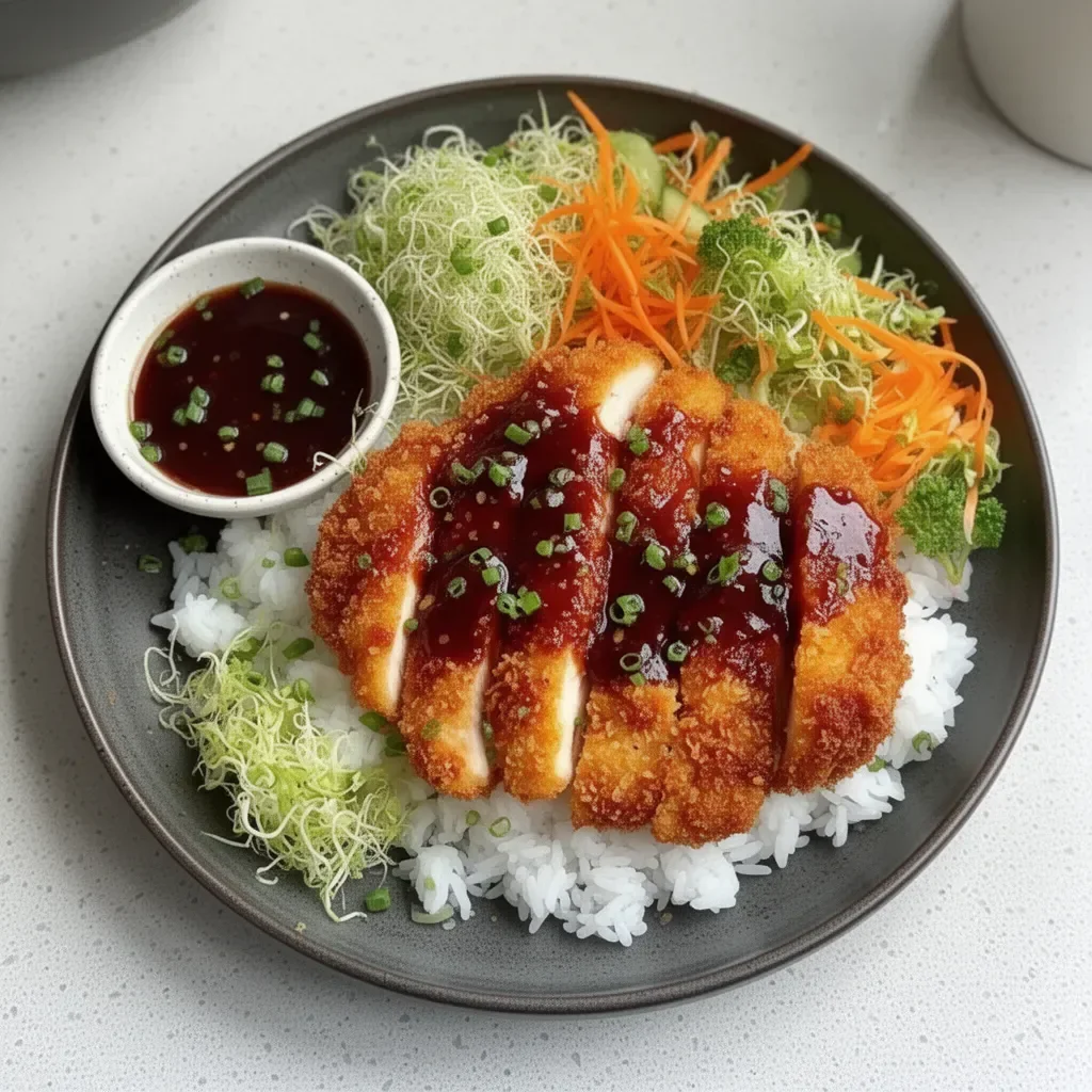 Crispy chicken cutlet served with a side of vegetables and sauce