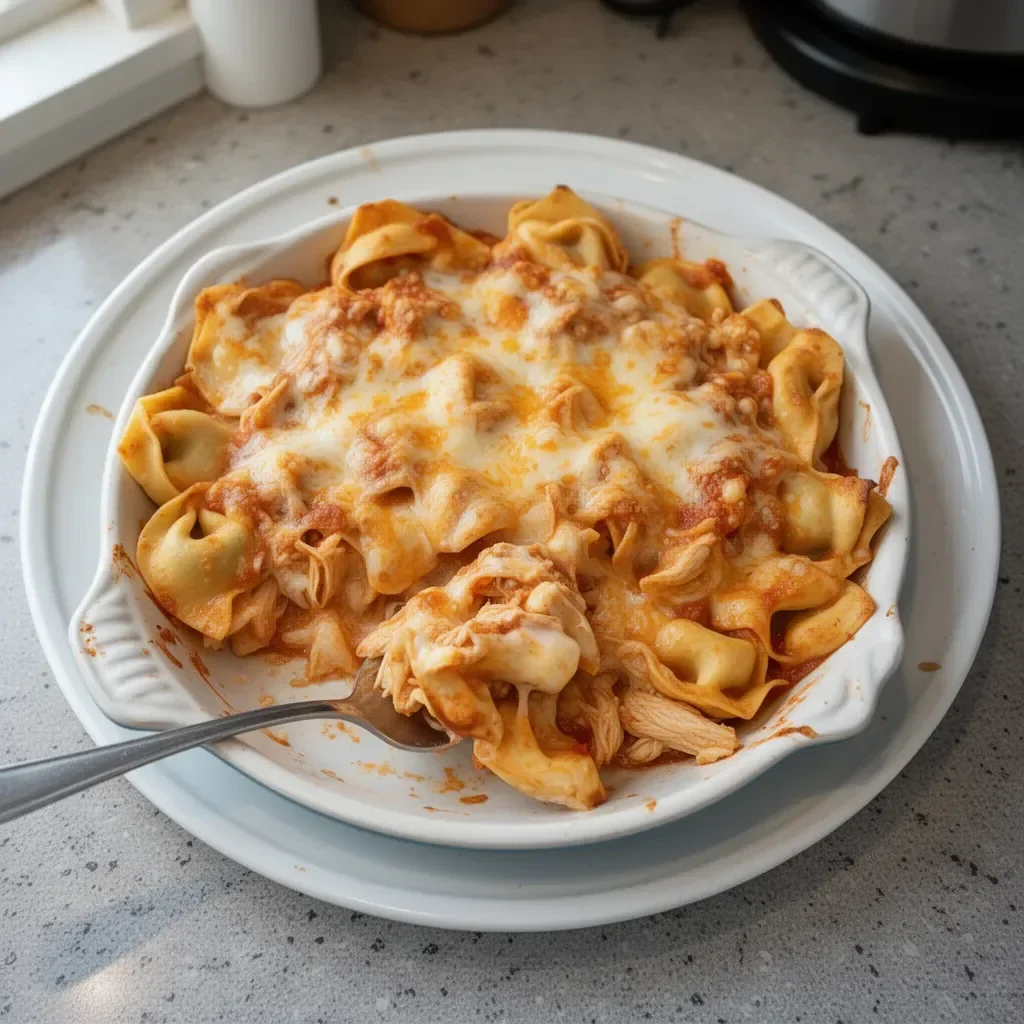 Delicious Chicken Enchilada Tortellini Bake served in a casserole dish
