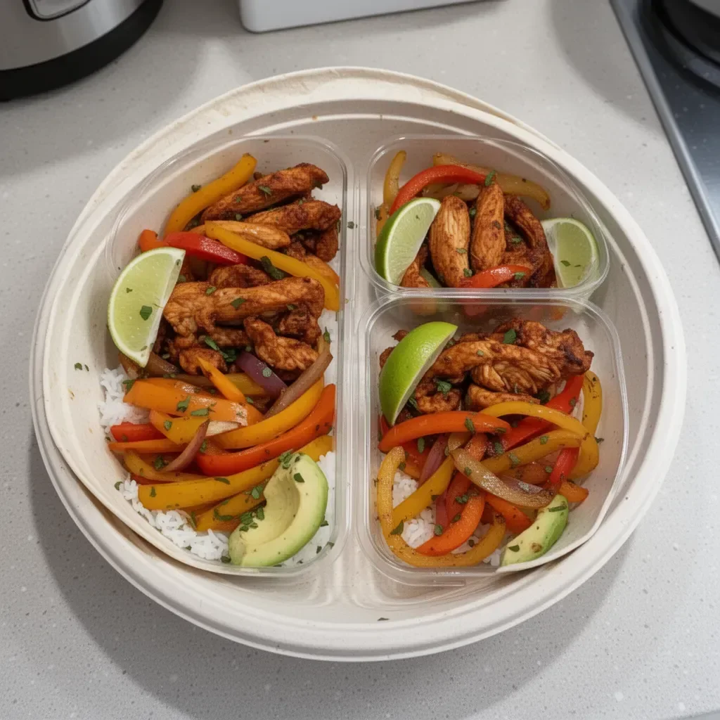 Healthy Chicken Fajita Meal Prep Bowls with colorful vegetables and spices