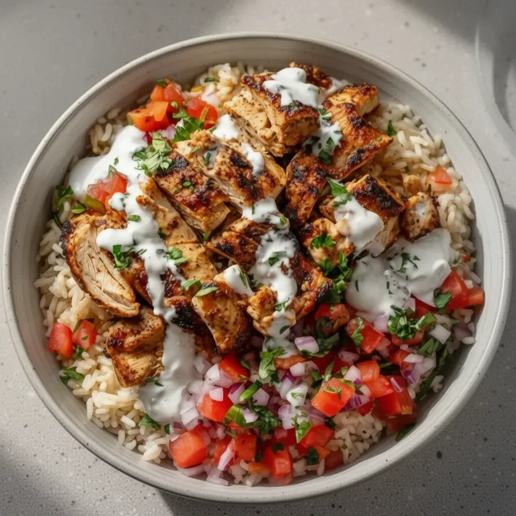 Delicious Chicken Gyro Bowl with fresh vegetables and tzatziki sauce