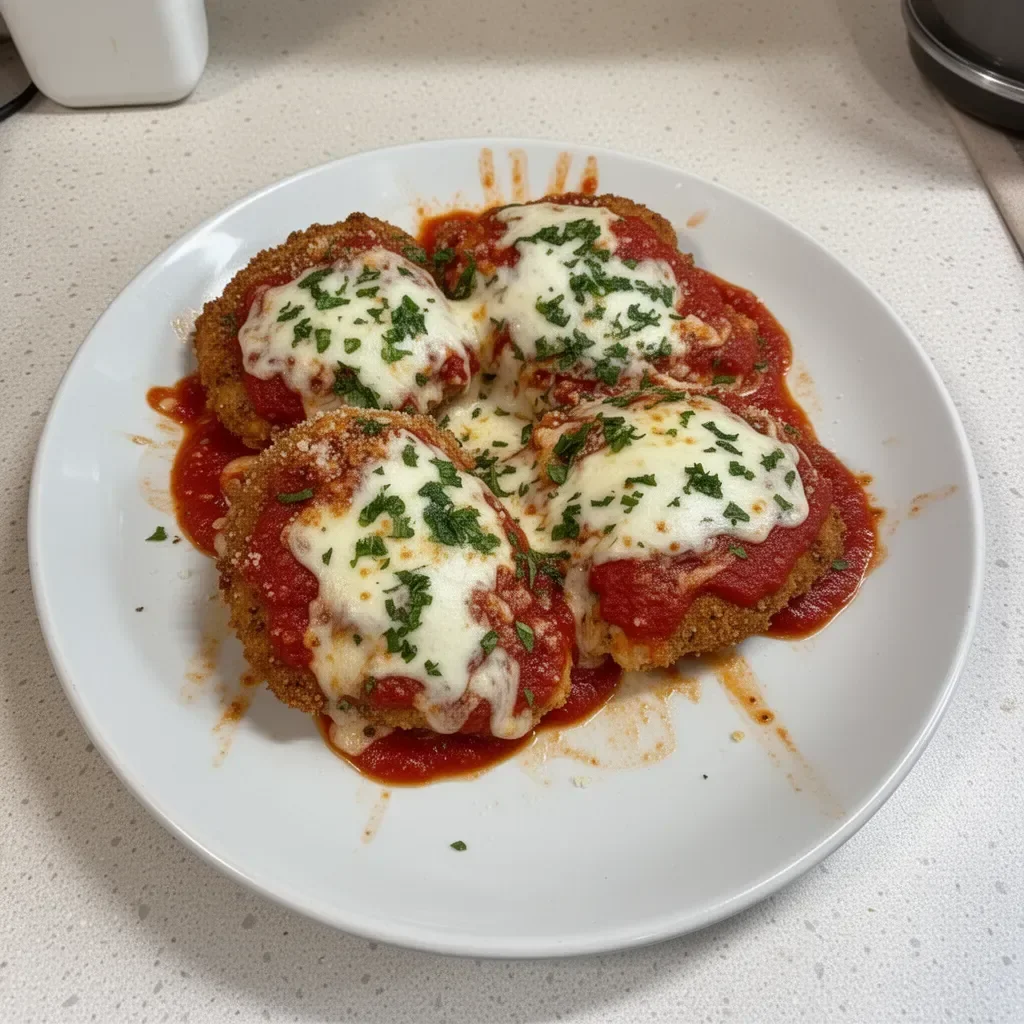 Delicious Chicken Parmesan served with spaghetti and garnished with parsley