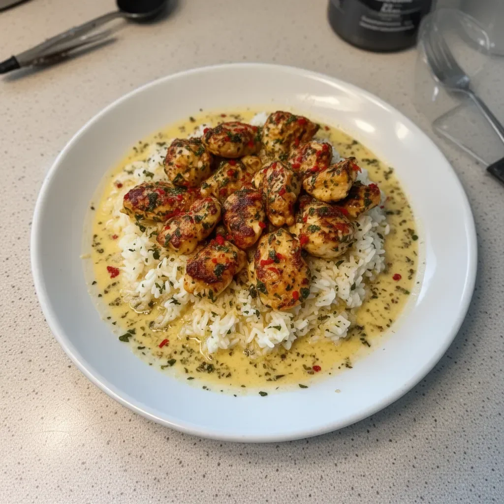 Delicious Chicken Scampi with creamy garlic parmesan rice served in a bowl