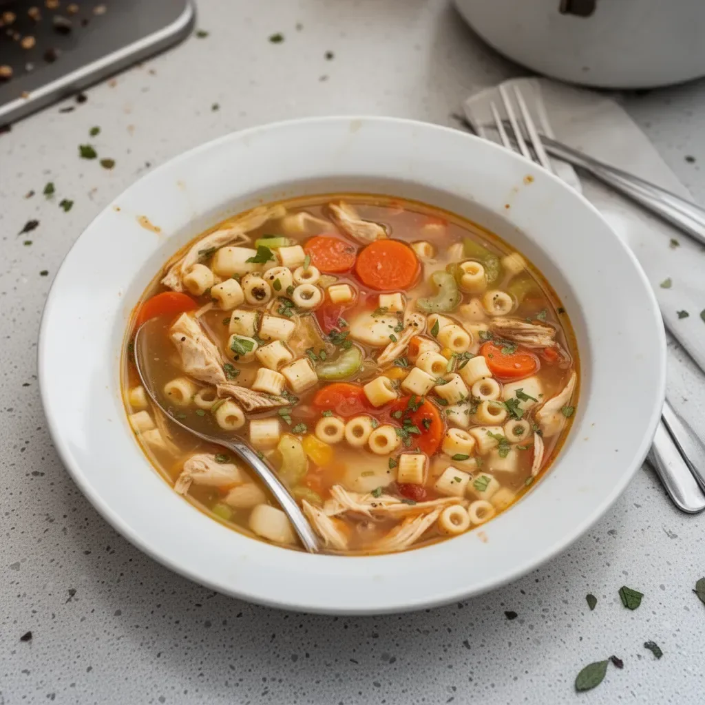 A bowl of aromatic chicken soup with vegetables and herbs for comfort food.