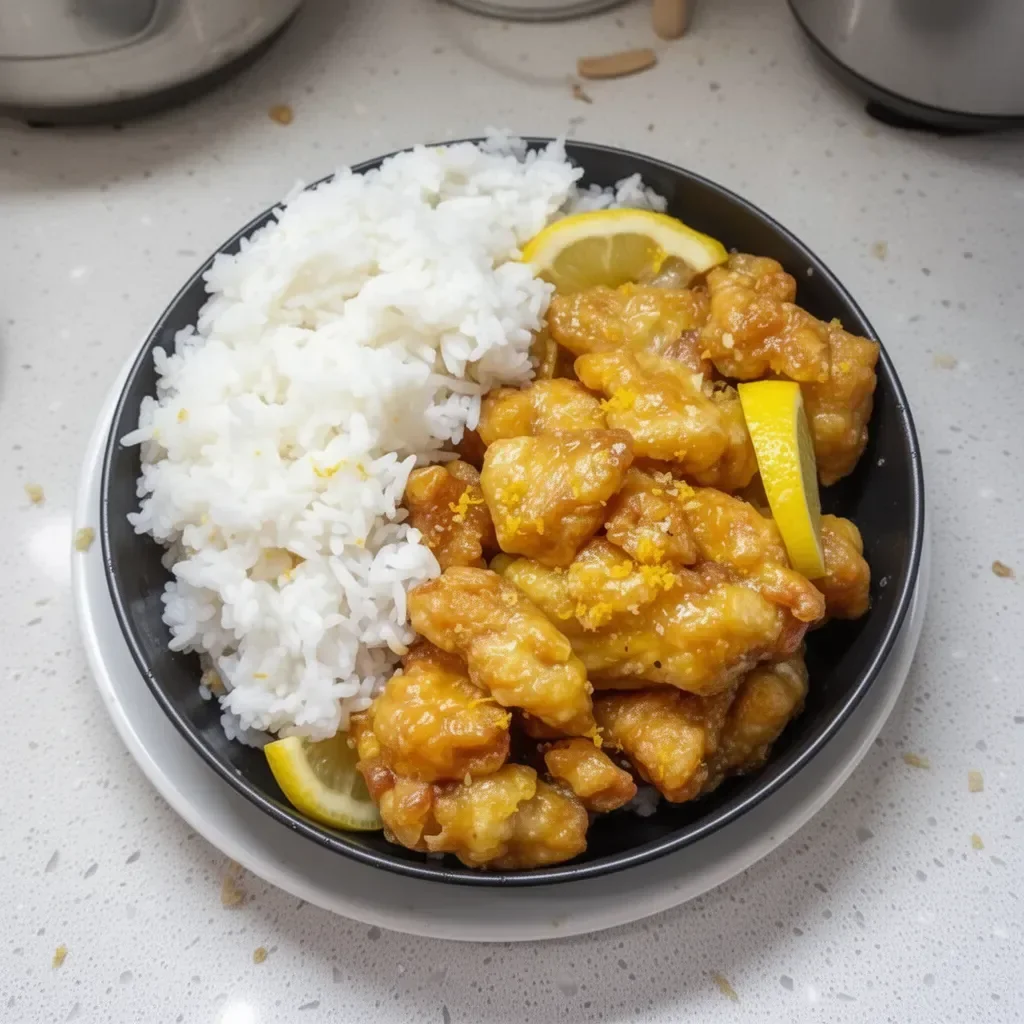 Plate of Chinese lemon chicken garnished with fresh lemon slices and herbs
