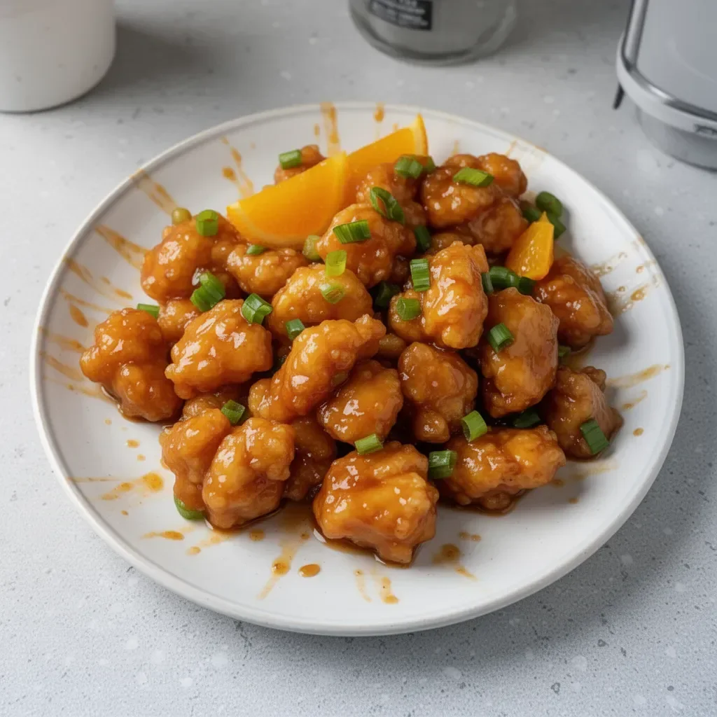 Delicious plate of Chinese Orange Chicken garnished with green onions