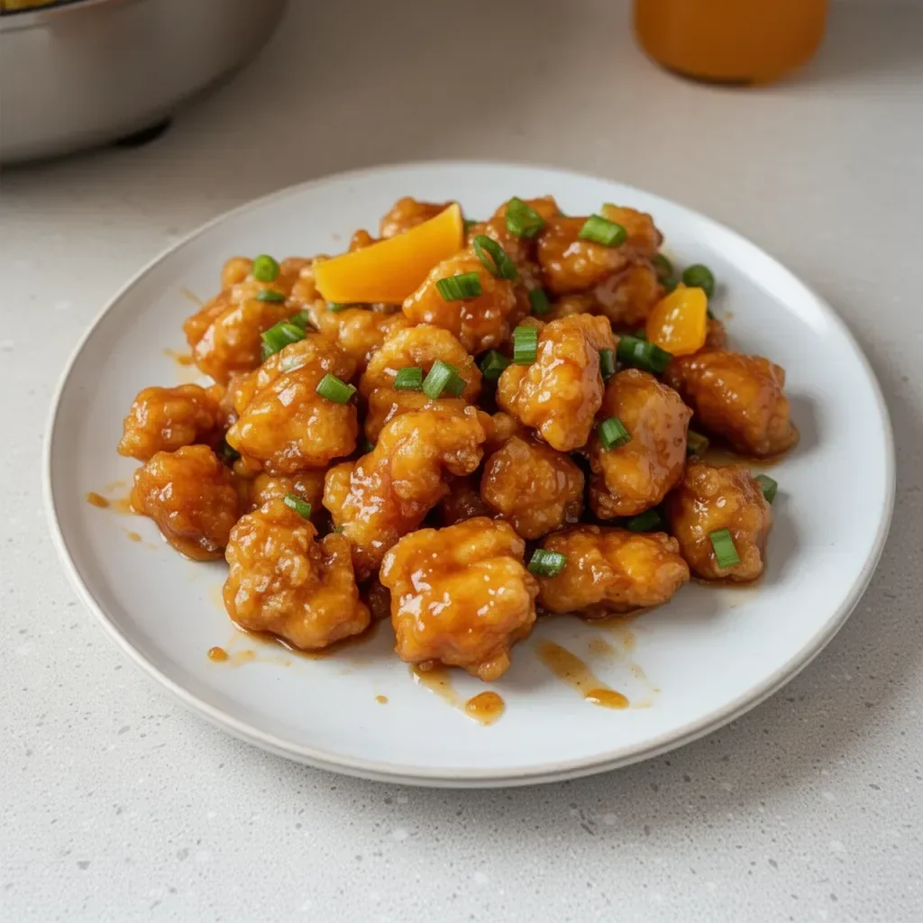 Plate of Chinese orange chicken garnished with sesame seeds and green onions