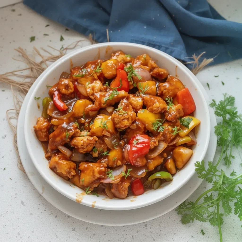 Chinese style mango chicken stir fry served in a bowl with colorful vegetables.