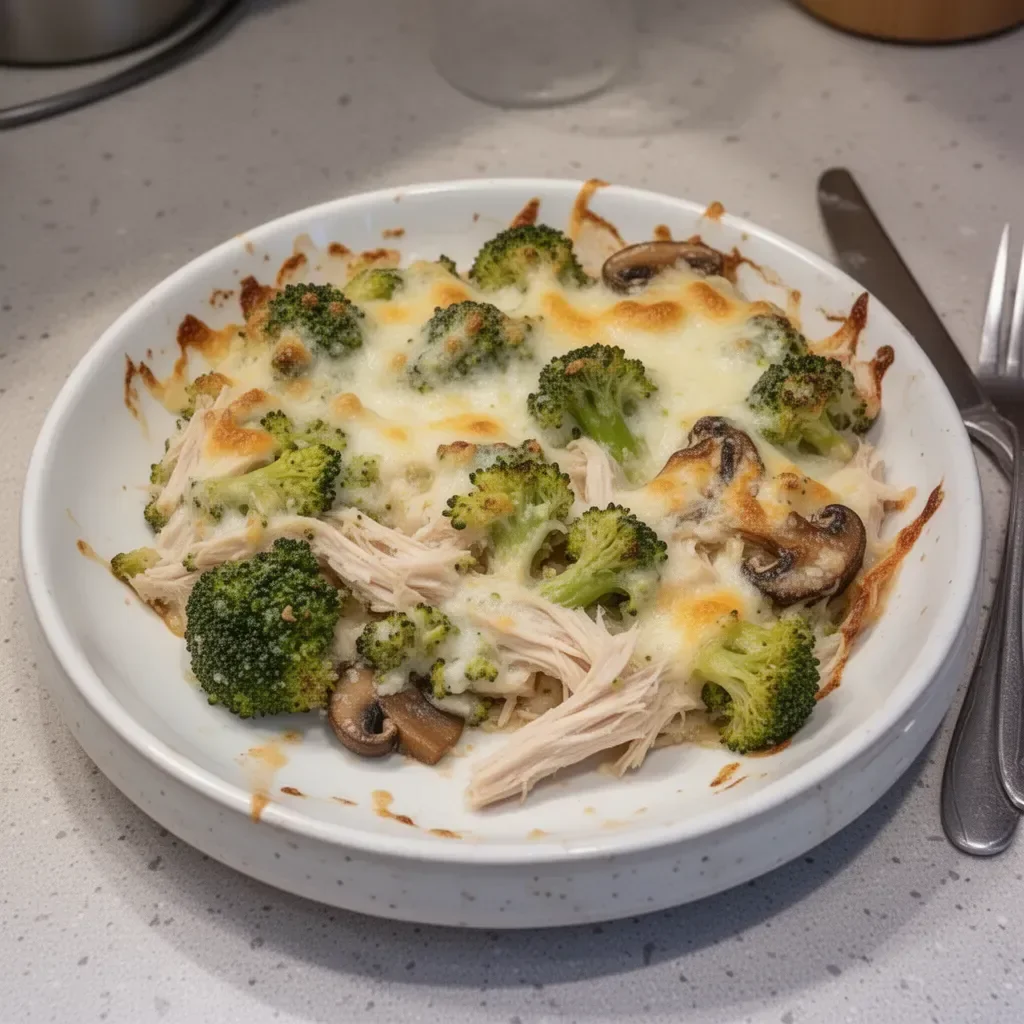 Comforting rotisserie chicken broccoli casserole dish with cheese