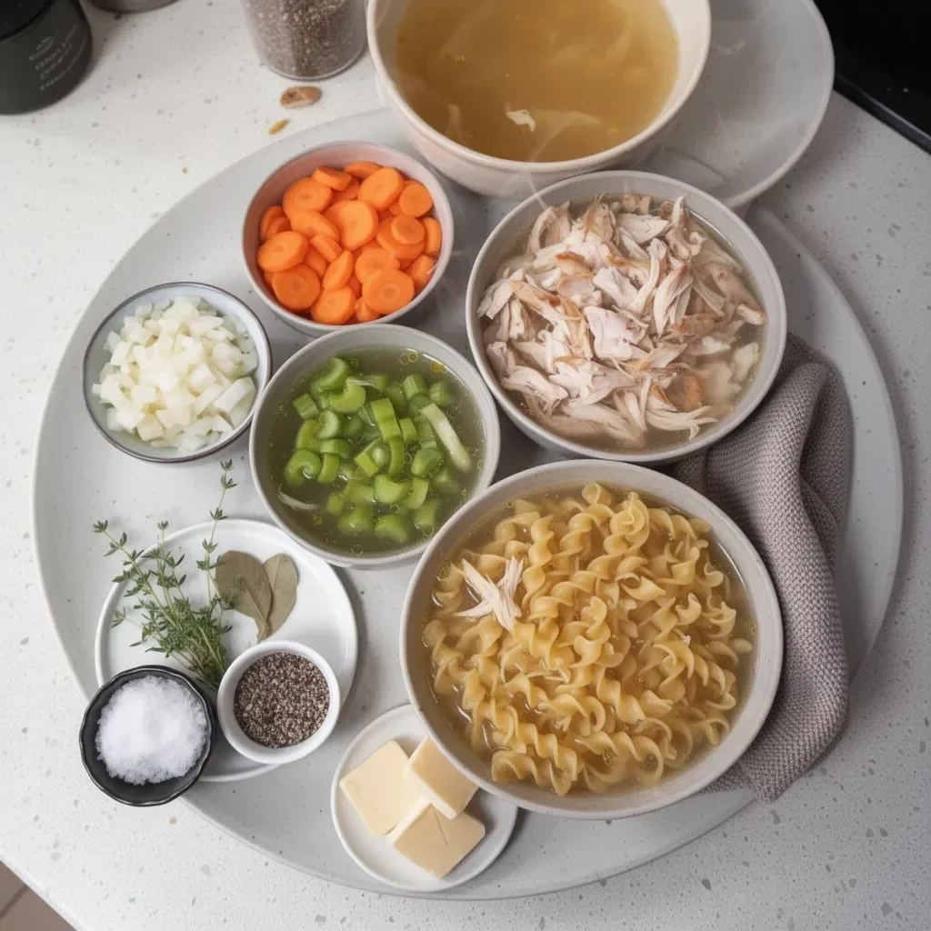 Bowl of Copycat Panera Chicken Noodle Soup with fresh ingredients