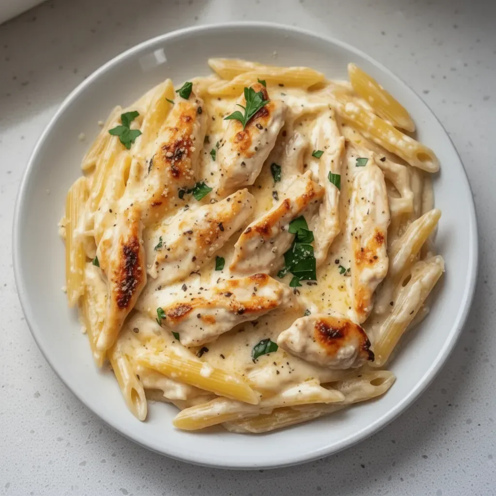 Plate of Crac Chicken Penne with creamy sauce and herbs
