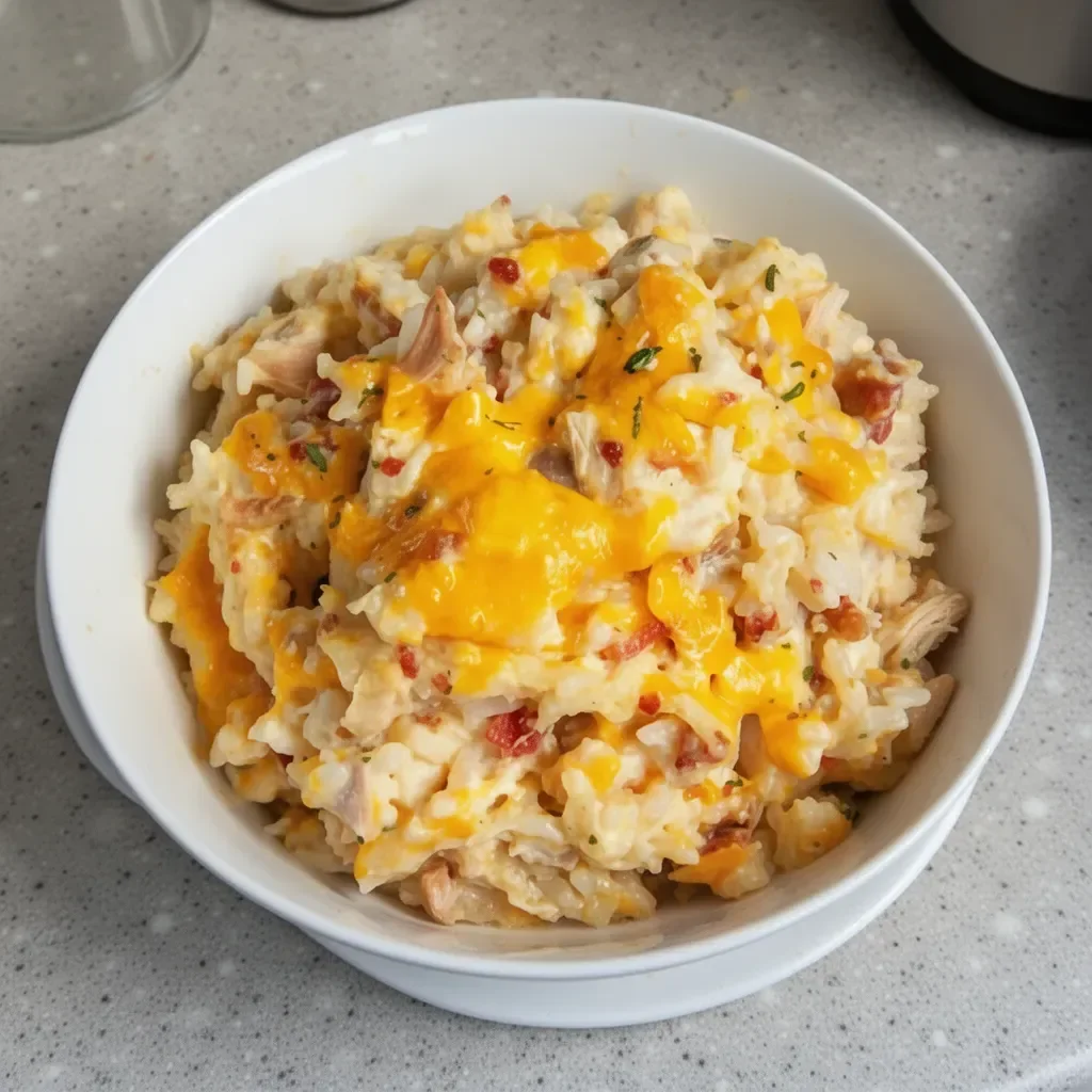Cracked Out Chicken and Rice Bake with creamy sauce and crispy toppings