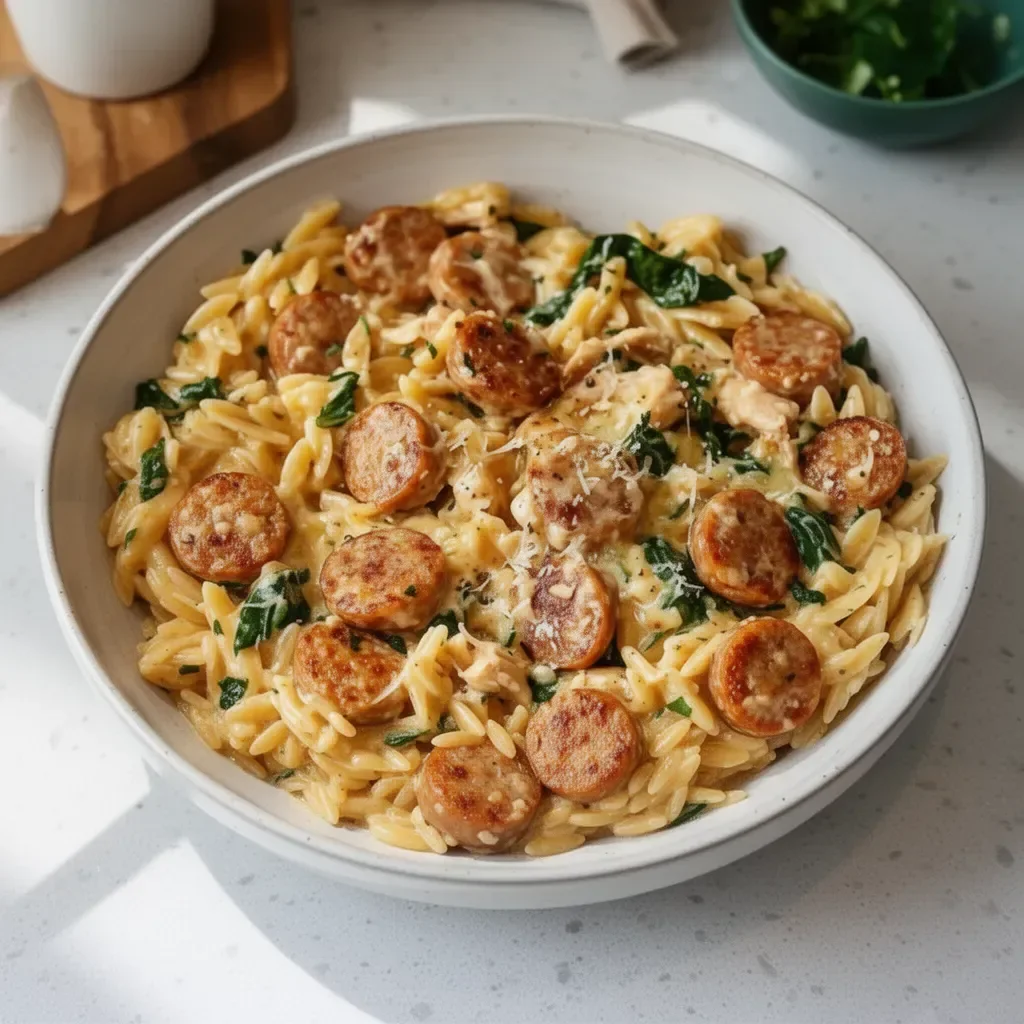 Creamy Chicken Sausage Orzo served in a colorful bowl with herbs