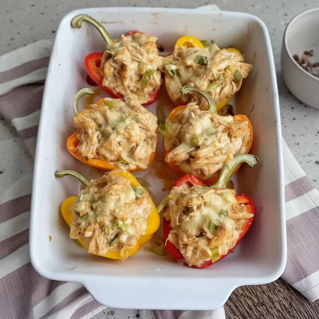 Creamy chicken stuffed peppers served on a plate with fresh herbs