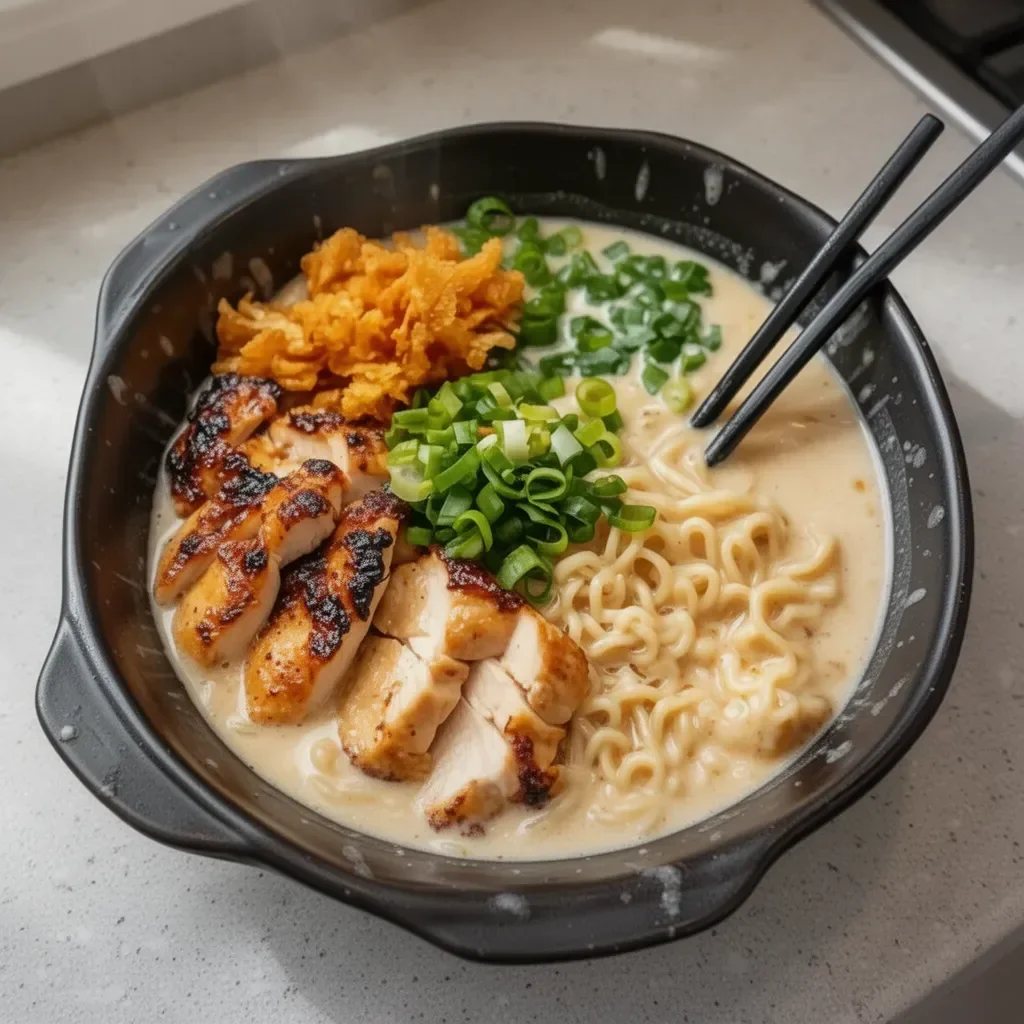 Bowl of creamy garlic chicken ramen with fresh vegetables and herbs