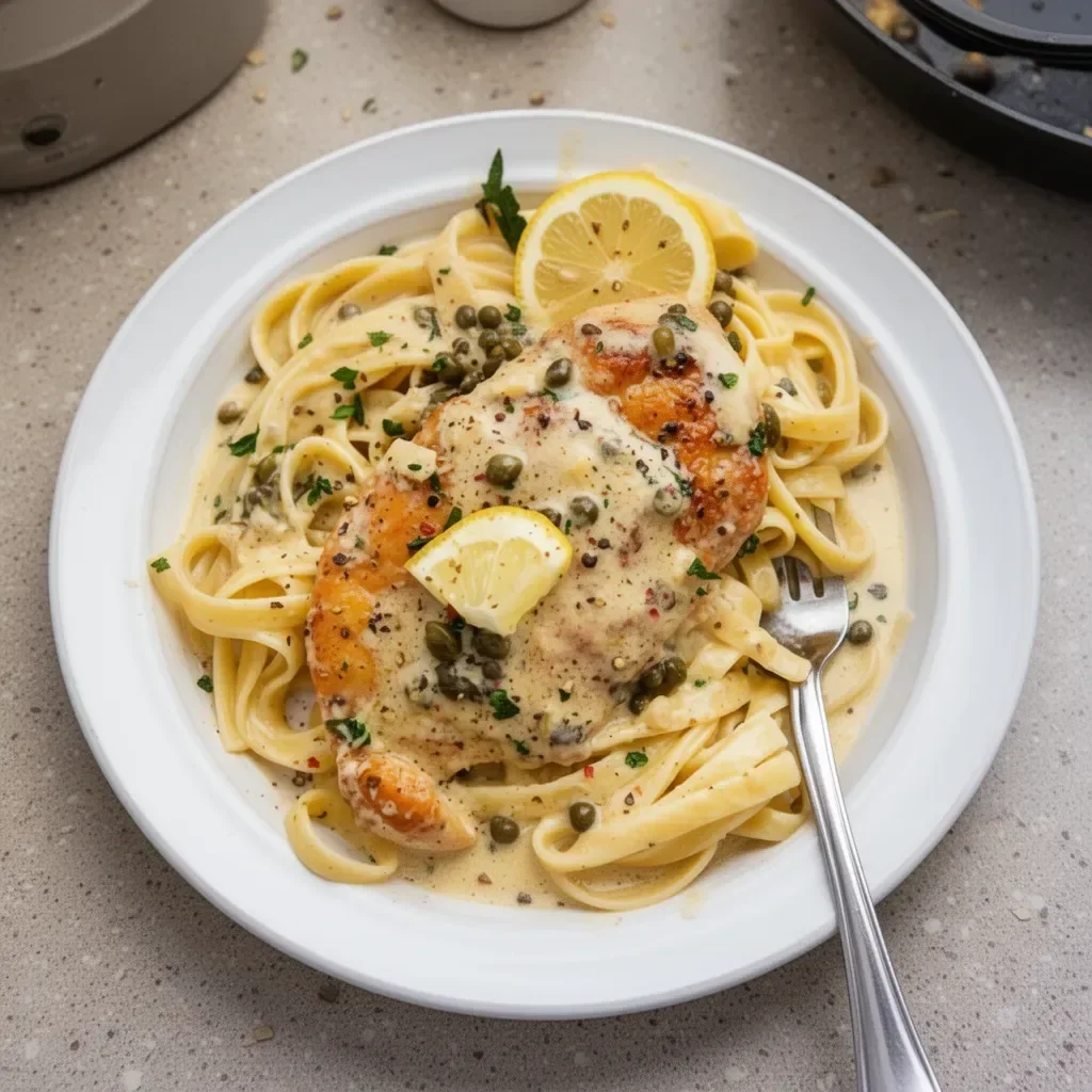 Creamy Lemon Chicken Piccata served on a plate with fresh parsley garnish