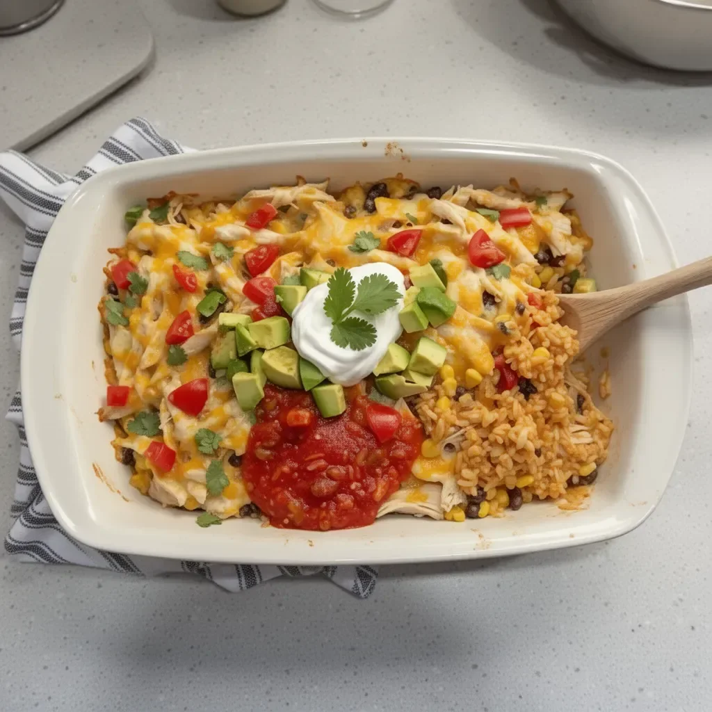 Creamy Mexican rice casserole with chicken in a baking dish