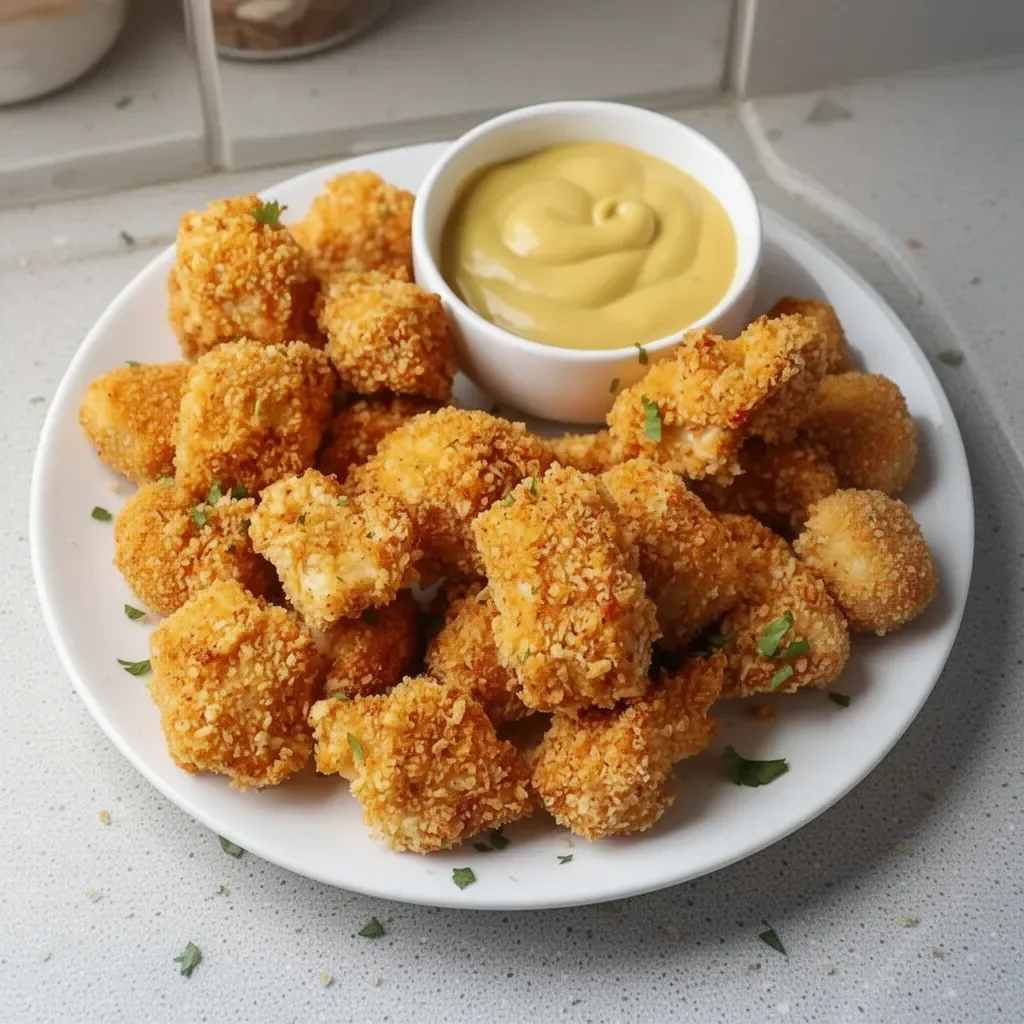 Plate of crispy baked chicken nuggets served with dipping sauce.