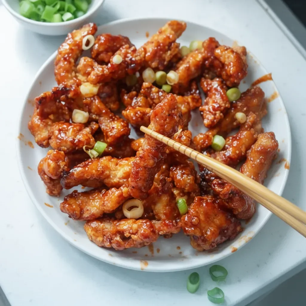 Plate of Crispy Chilli Chicken garnished with chilies and herbs
