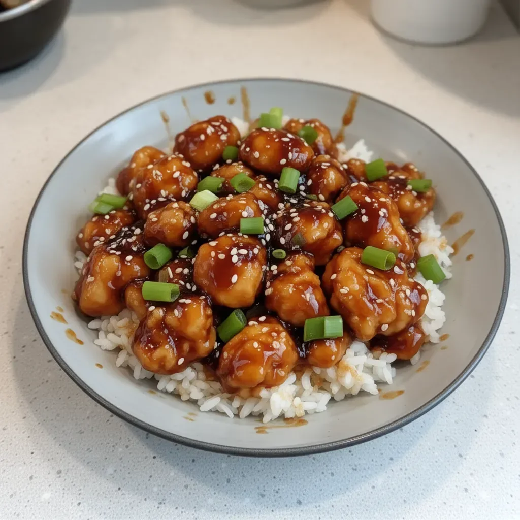 Crispy General Tso's Chicken served on a plate with sesame seeds and green onions