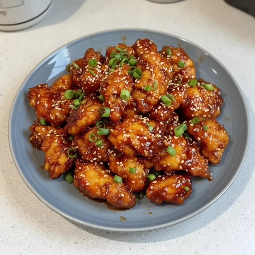 Crispy sesame chicken served with sesame seeds and vegetables