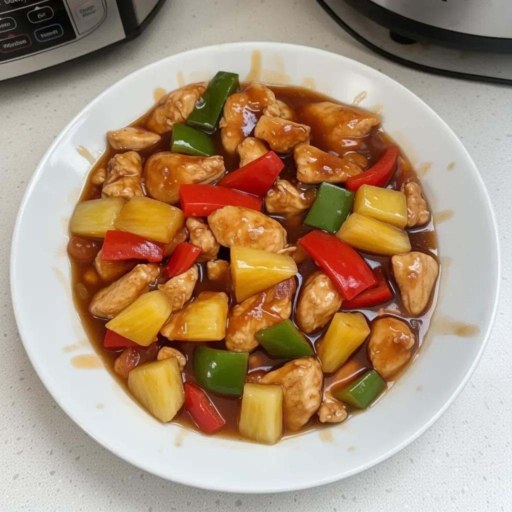 Crockpot Sweet and Sour Chicken served on a plate with colorful vegetables