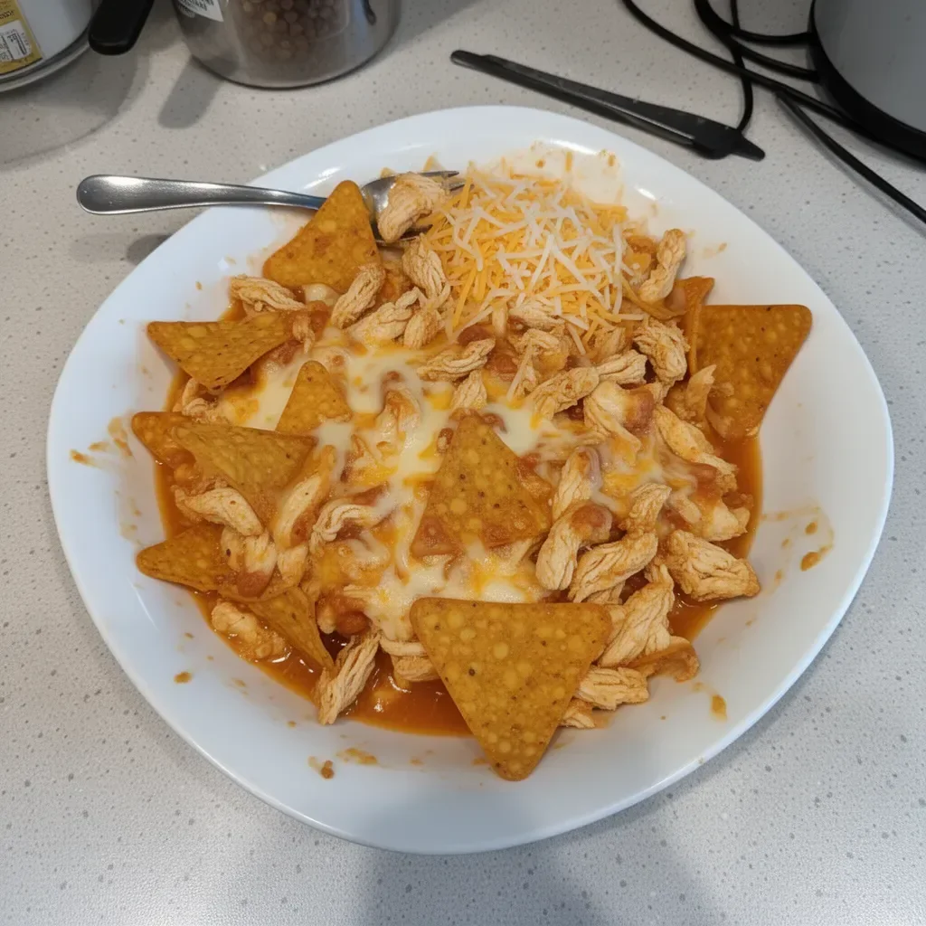 Delicious Dorito Chicken Casserole topped with cheesy goodness and crunchy chips.