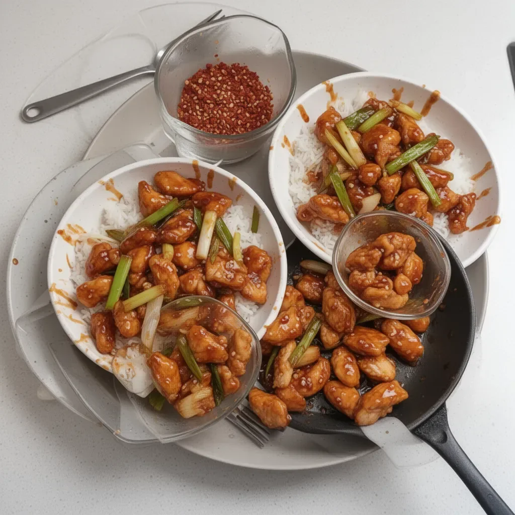 Plate of easy homemade General Tso's Chicken with steamed rice and broccoli