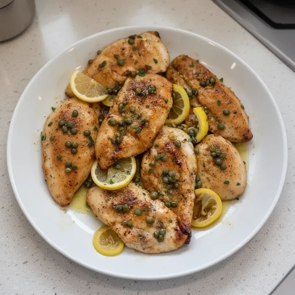 Delicious easy chicken piccata served with capers and lemon in a white sauce