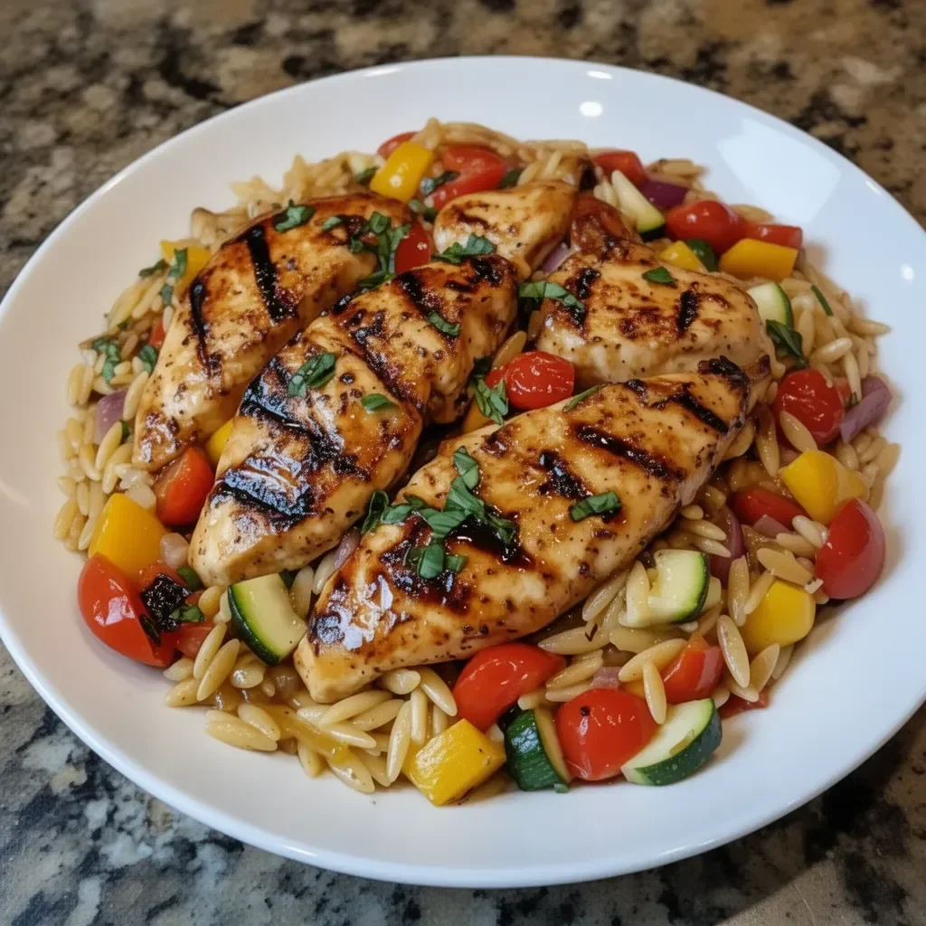 Easy balsamic chicken served with veggie orzo for a wholesome dinner