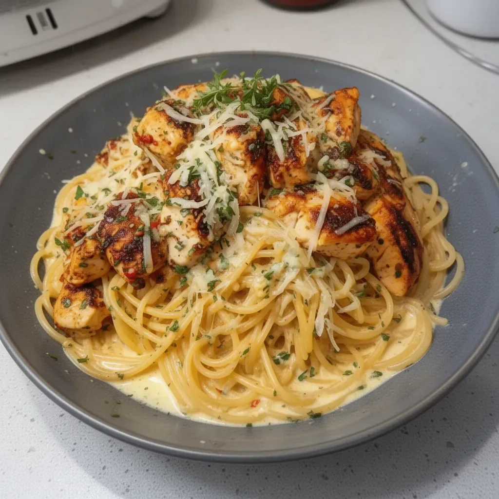 Creamy Cajun Chicken Spaghetti topped with garlic mozzarella sauce for a delicious meal.