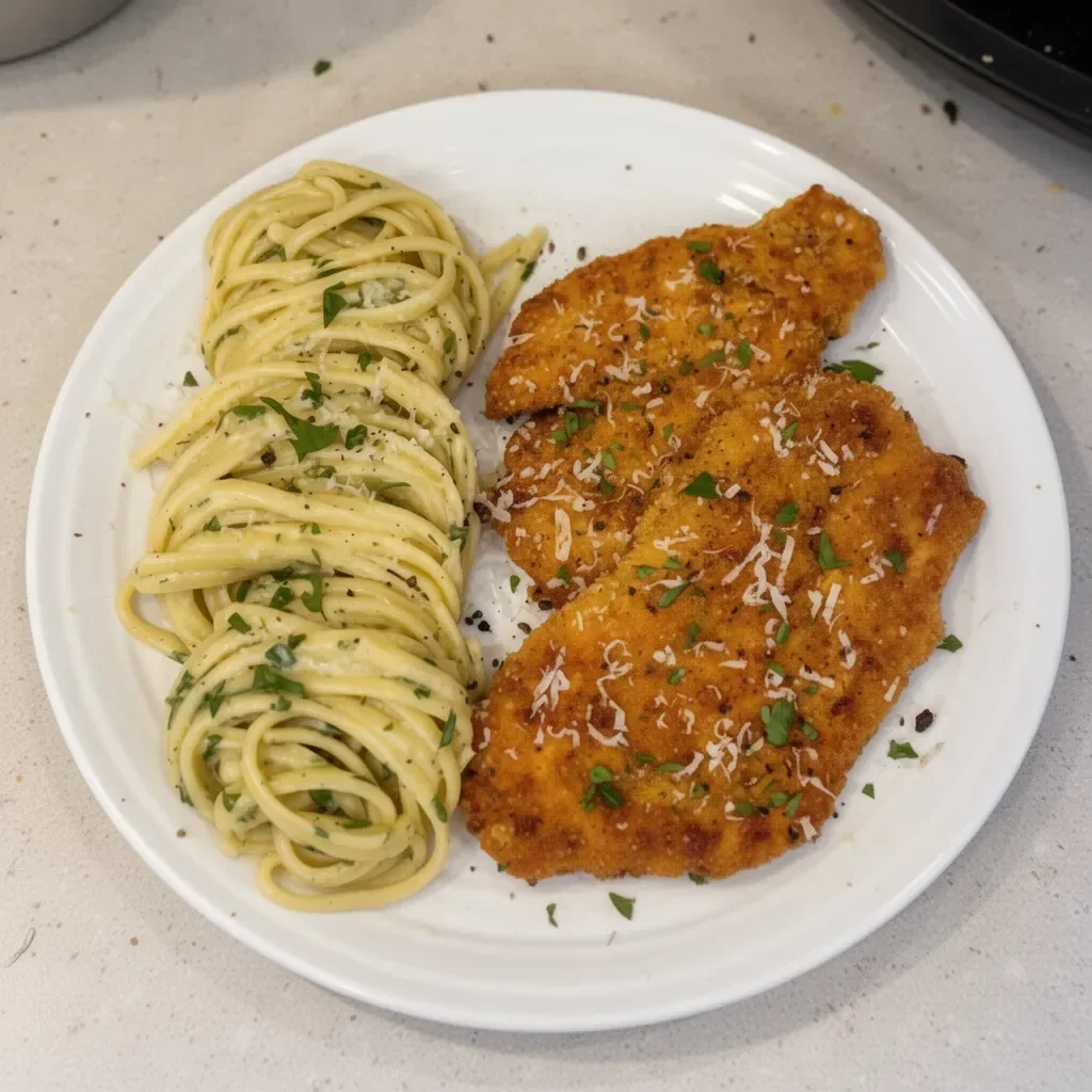 Delicious Italian chicken cutlet served with fresh herbs and lemon