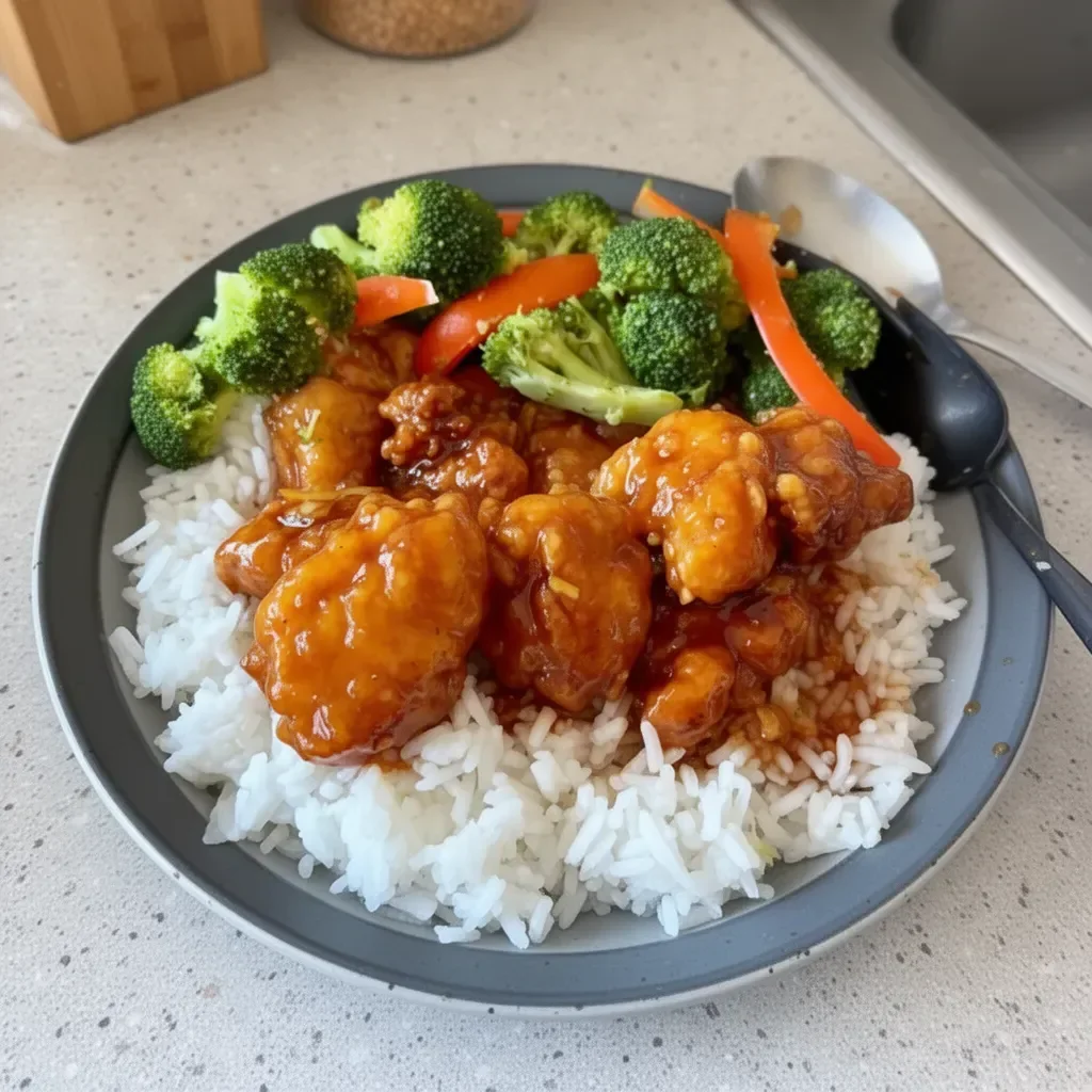 Delicious easy orange chicken dish served with rice and vegetables.