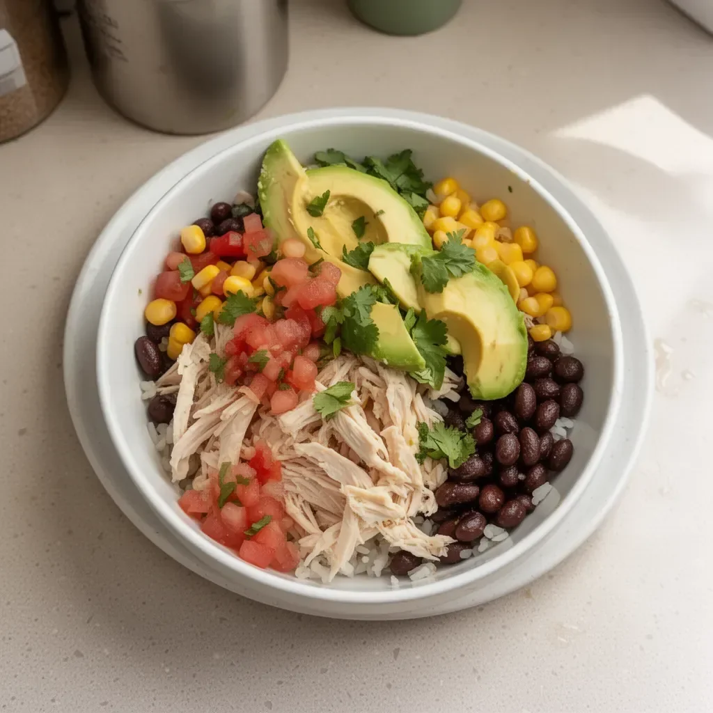 A delicious rotisserie chicken burrito bowl topped with fresh ingredients and served in a bowl.