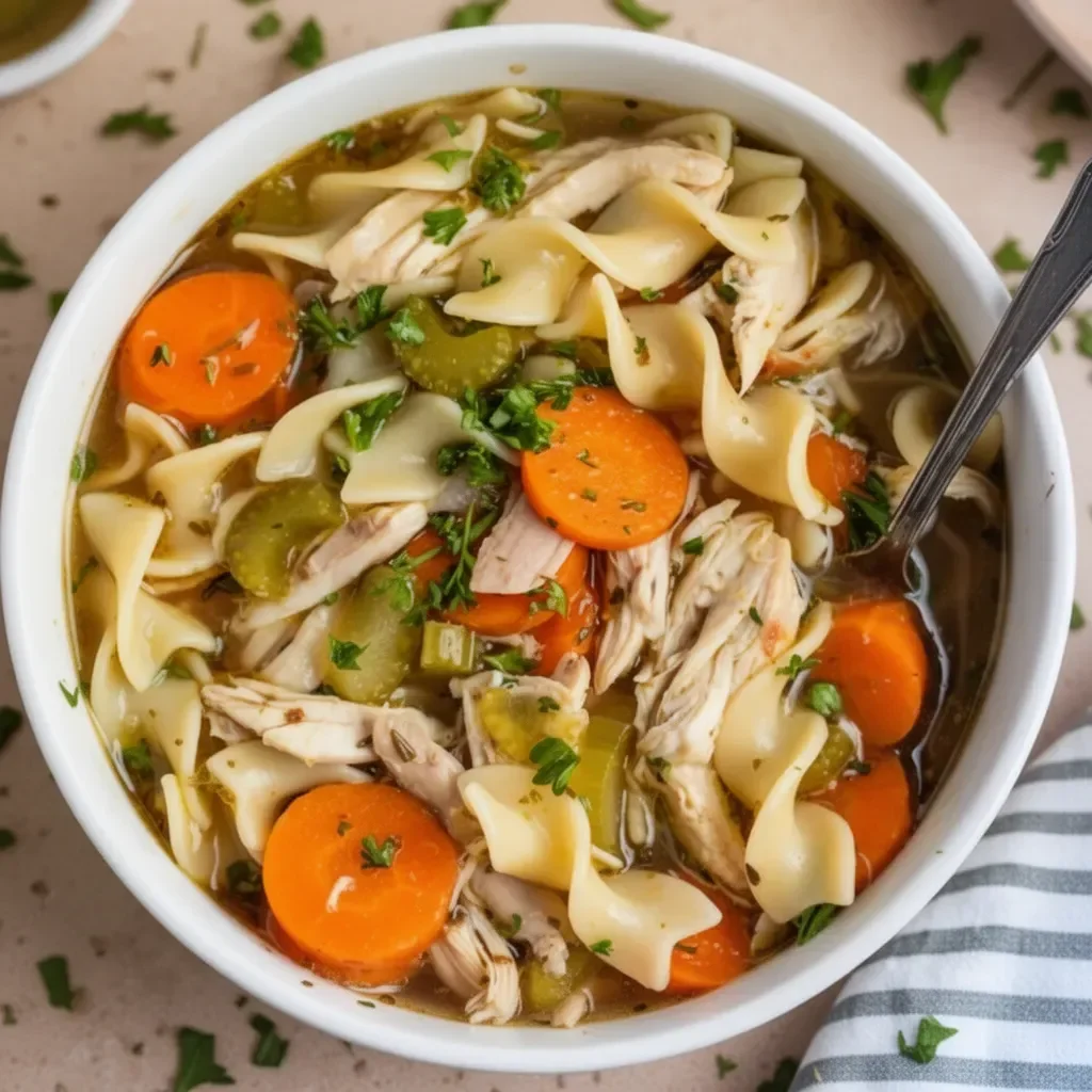Bowl of easy rotisserie chicken noodle soup garnished with herbs
