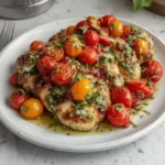 Flavorful pesto chicken with cherry tomatoes on a plate, perfect for a delicious meal.