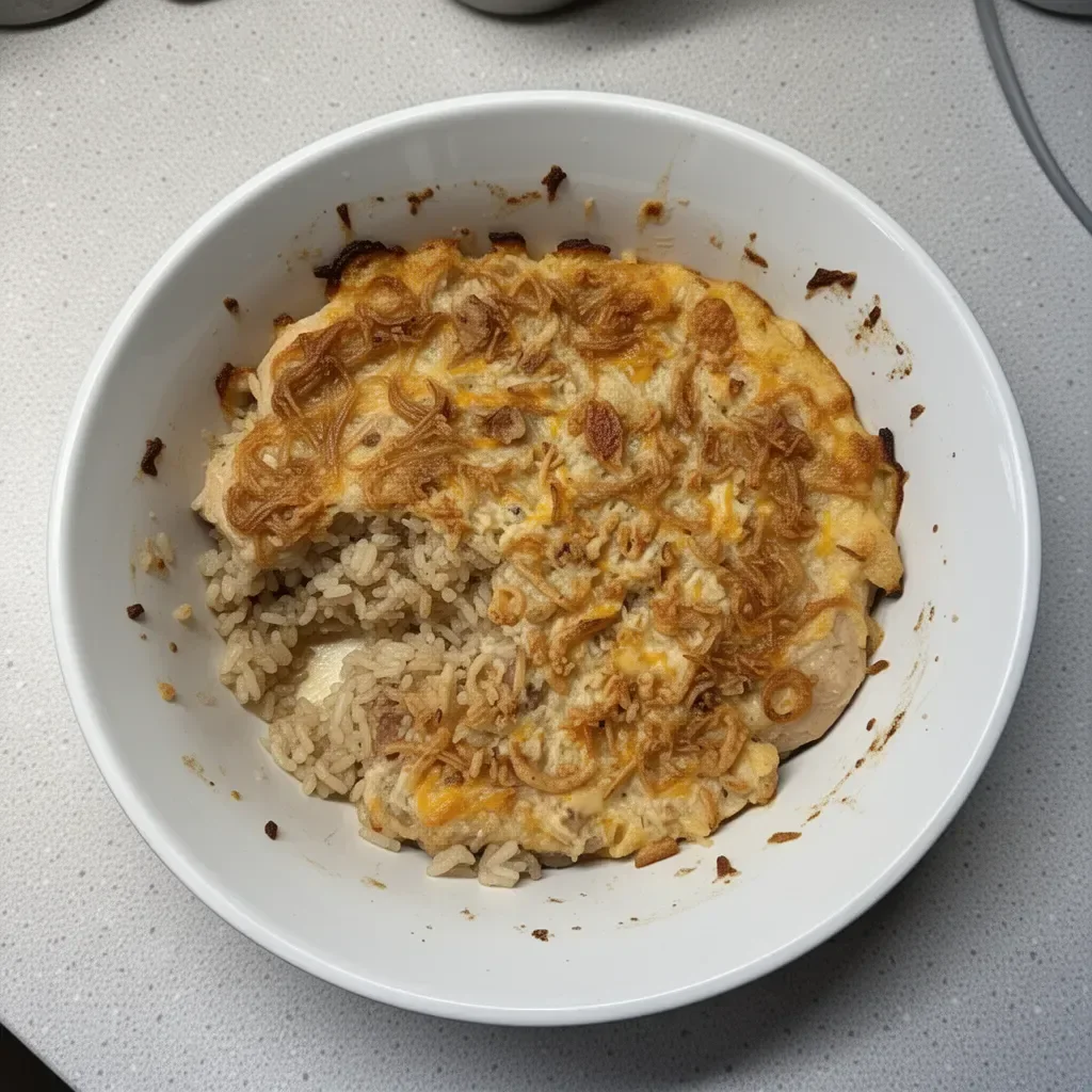 Delicious French Onion Chicken and Rice Bake topped with melted cheese