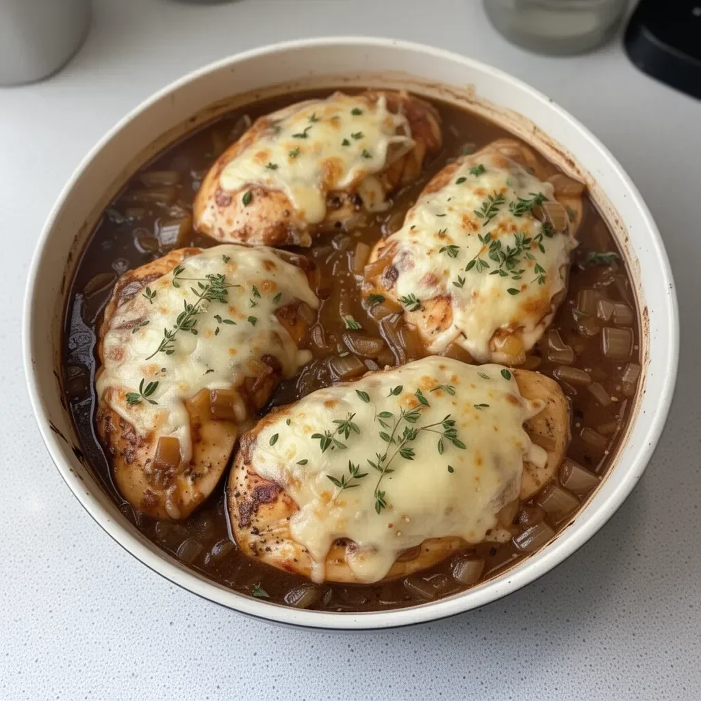 Delicious French Onion Soup Chicken Bake topped with melted cheese and herbs