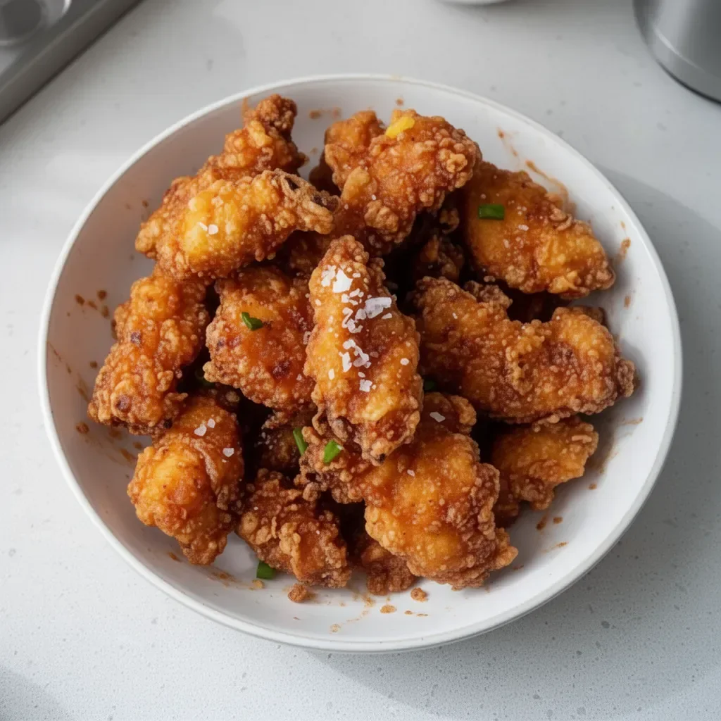 Golden-brown fried chicken served on a plate with sides
