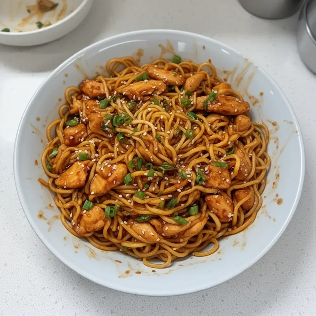 Delicious Garlic Chicken Noodles served in a bowl, topped with fresh herbs.