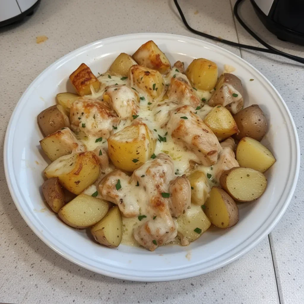 Slow-cooked Garlic Parmesan Chicken with potatoes in a crockpot