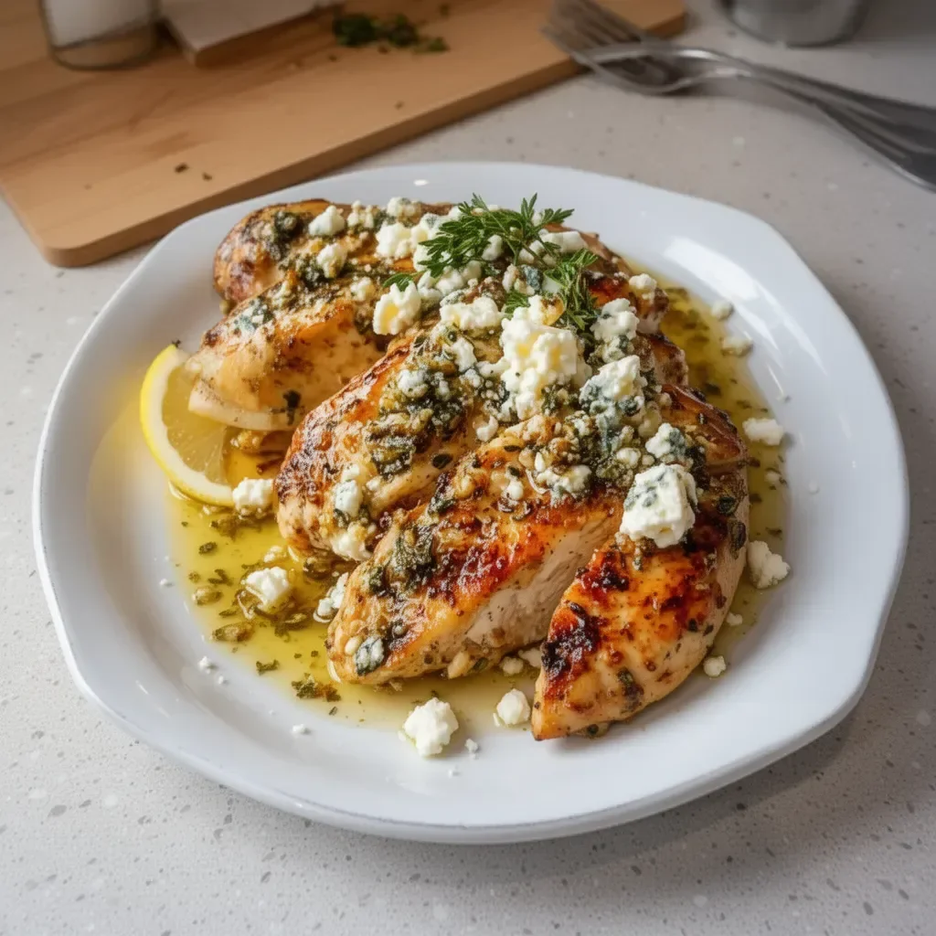 Delicious Greek chicken dish topped with lemon and feta cheese.