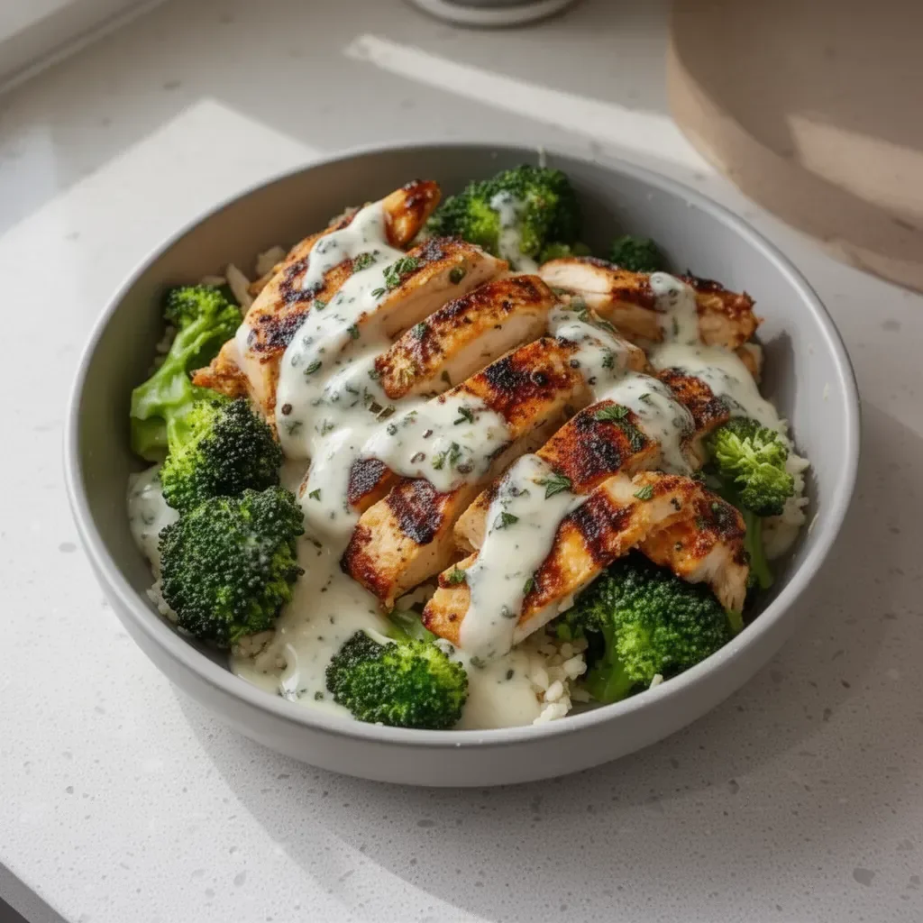 Grilled chicken broccoli bowls topped with creamy garlic sauce