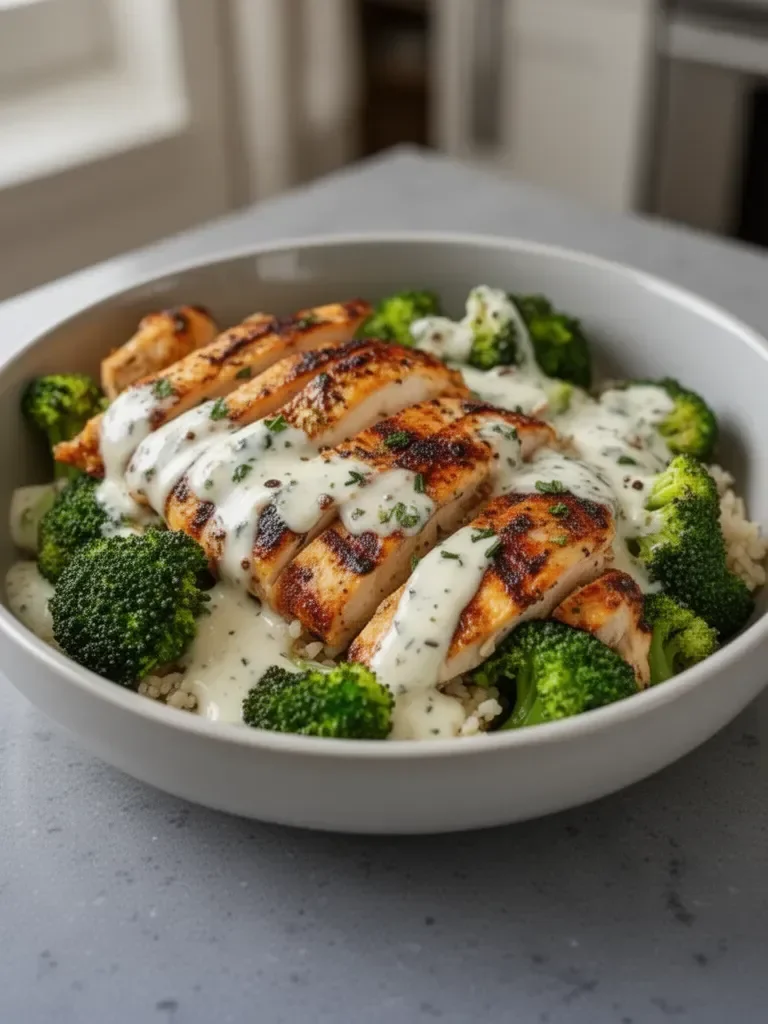 Grilled Chicken Broccoli Bowls with Creamy Garlic Sauce
