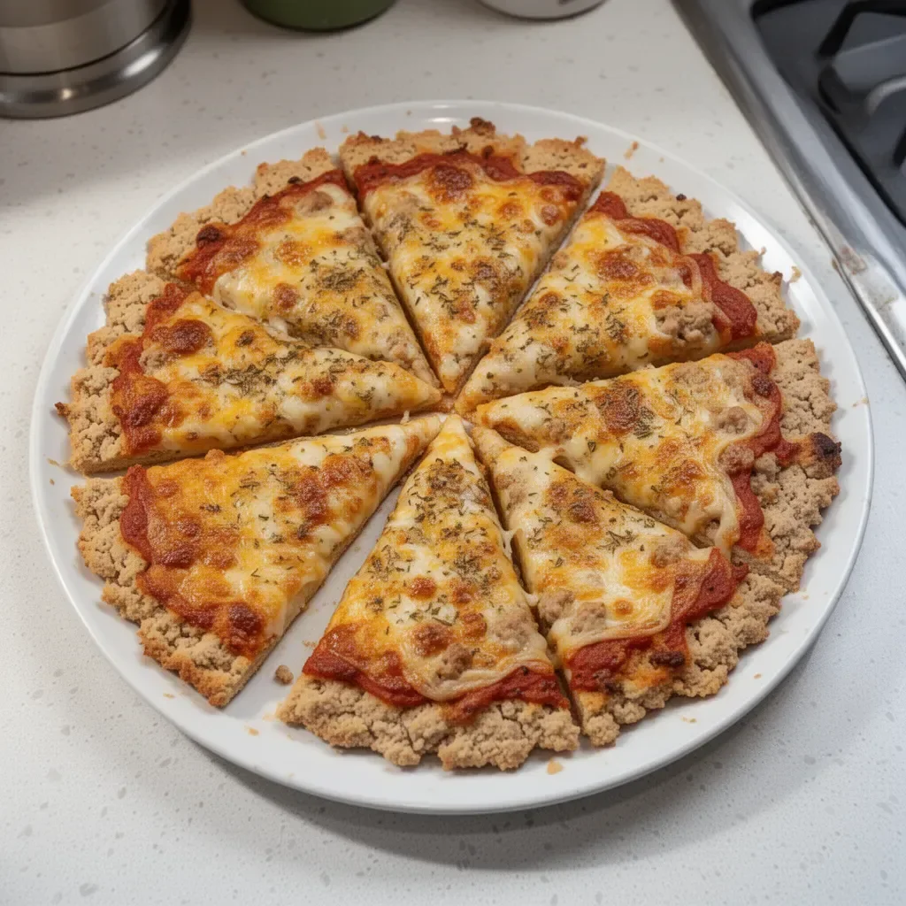 Ground chicken pizza crust cooked and ready to serve with toppings