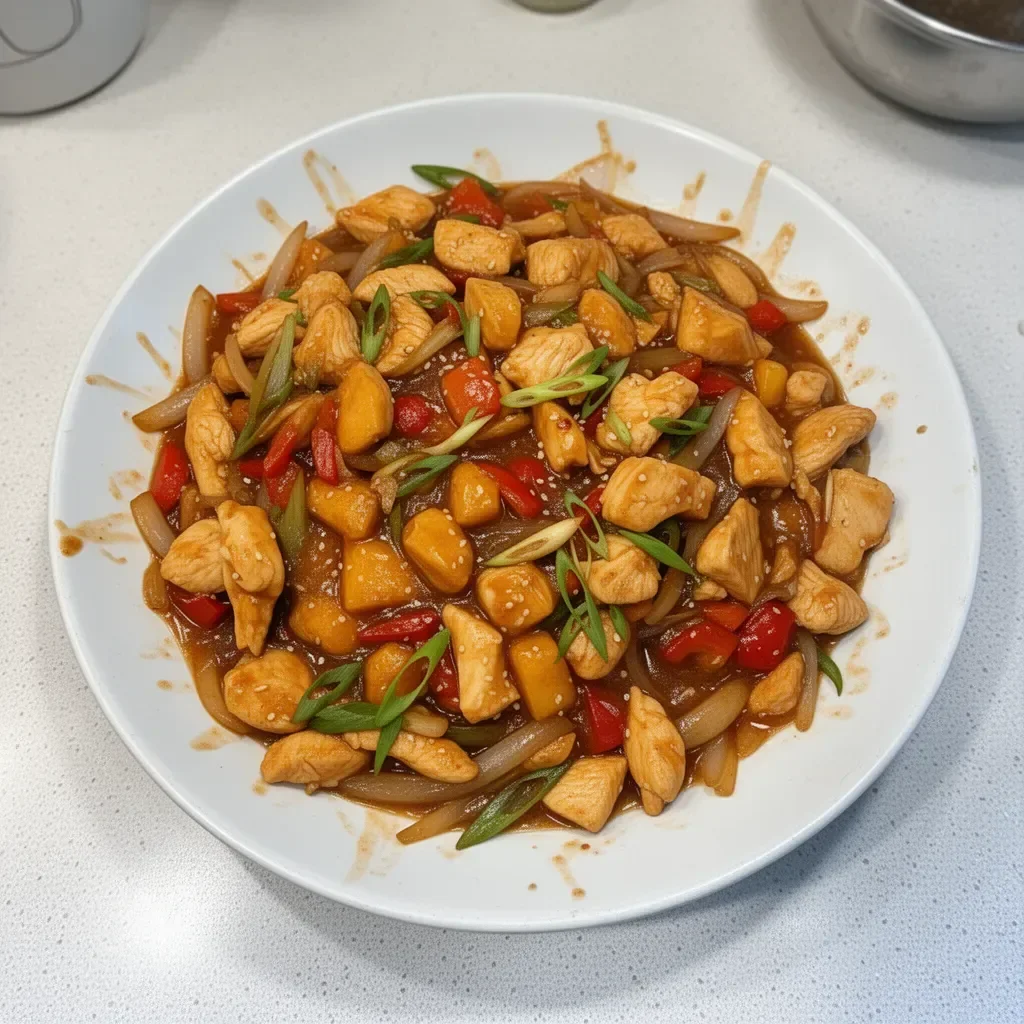 Hawaiian Chicken Stir Fry with colorful vegetables and pineapple