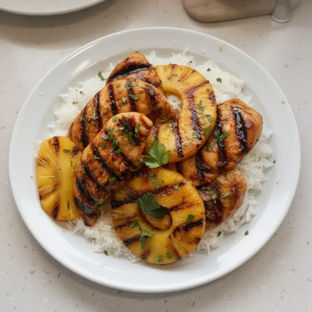 Hawaiian Chicken served with pineapple and coconut rice